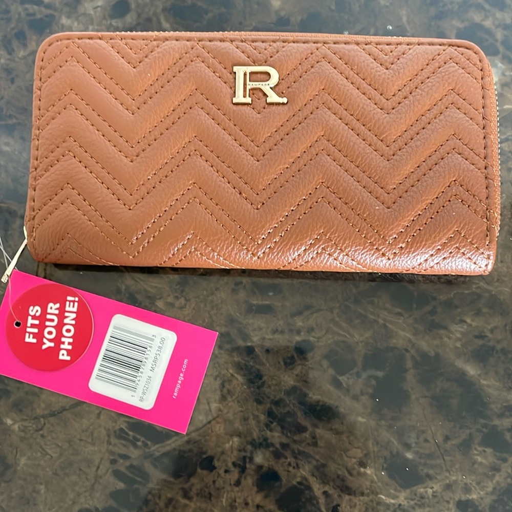 New! Rampage Brown amd Gold Zippered Cell Phone Wallet